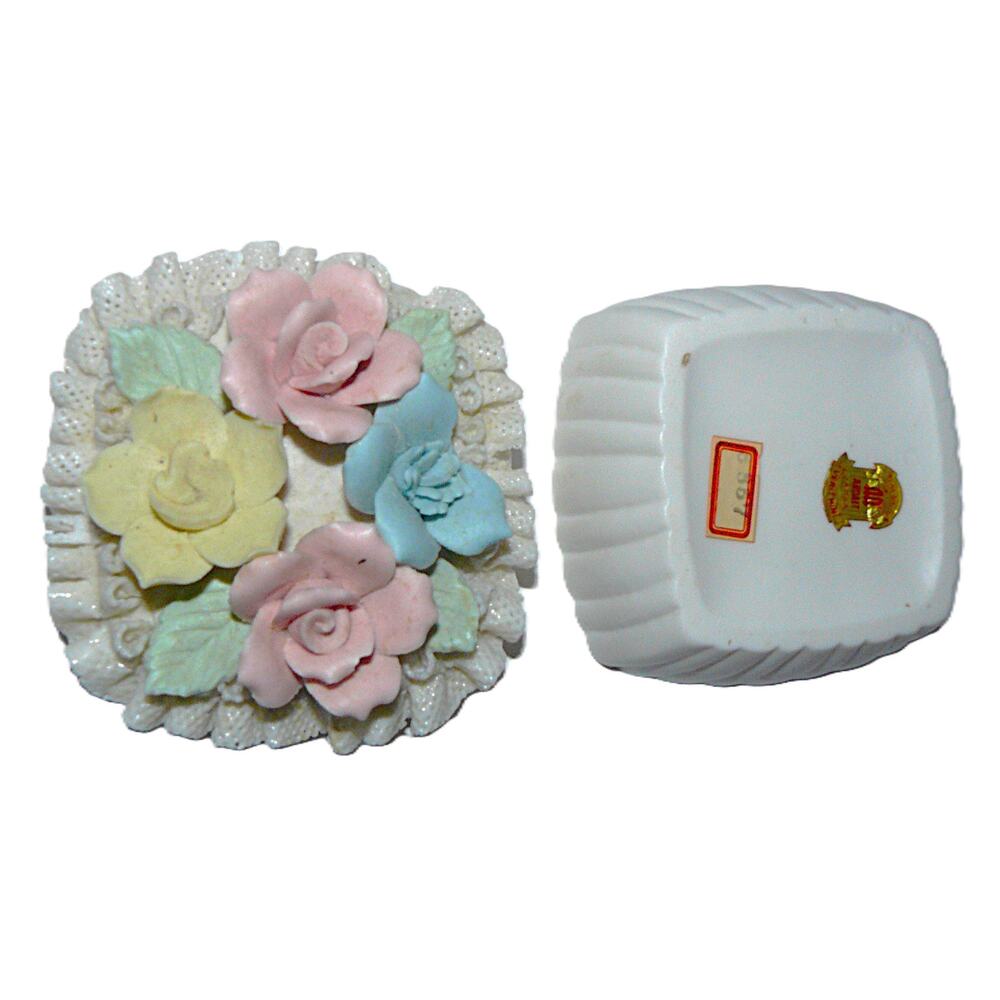 Vintage Ardalt Handcrafted Porcelain Trinket Box With Pastel Flowers "As Is"